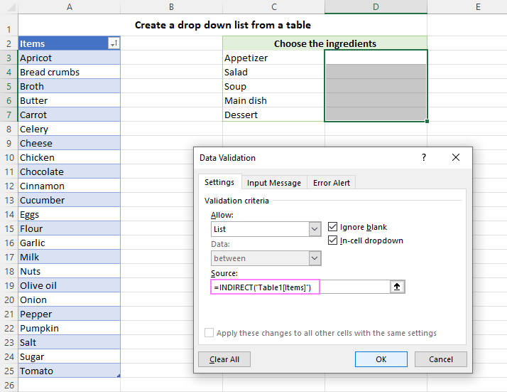 dropdown from table